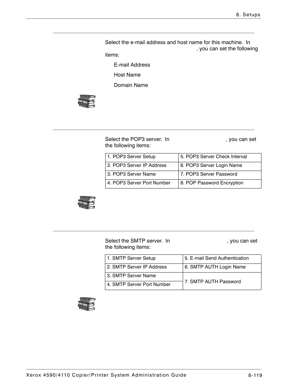 Machine e-mail address/host name, Pop3 server settings, Smtp server settings | Xerox 4590 User Manual | Page 277 / 402