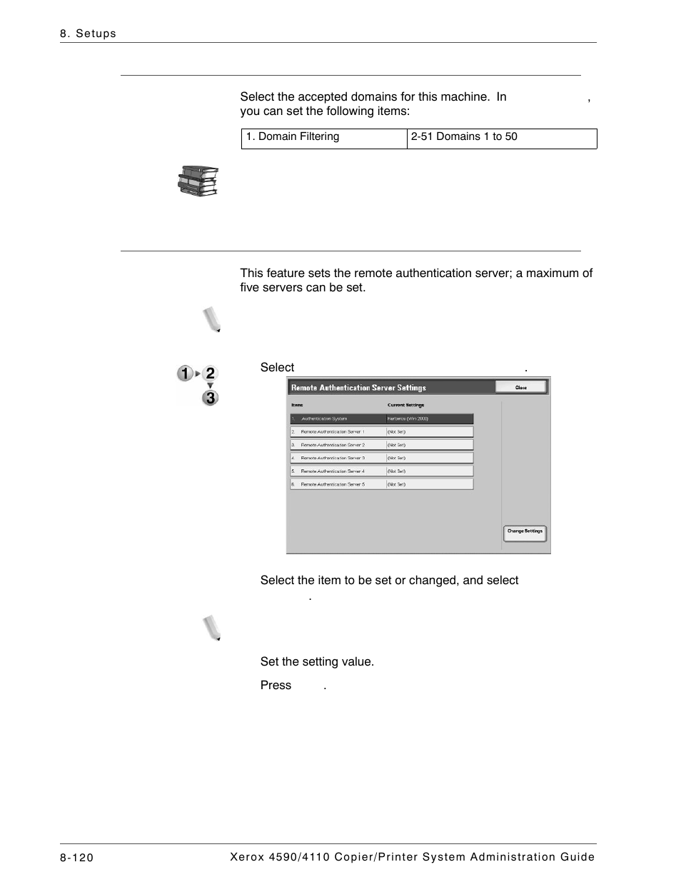 Domain filter, Remote authentication server settings | Xerox 4590 User Manual | Page 278 / 402