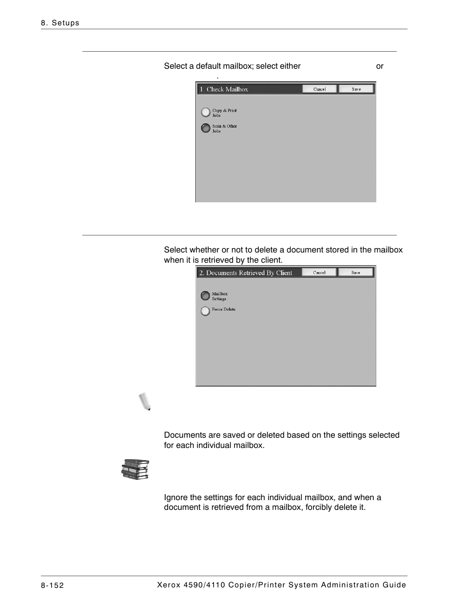 Check mailbox, Documents retrieved by client | Xerox 4590 User Manual | Page 310 / 402