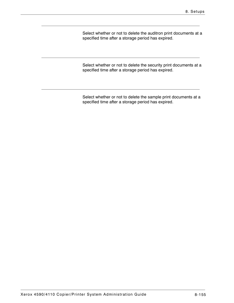 Delete charge print documents, Delete secure print documents, Delete sample print documents | Xerox 4590 User Manual | Page 313 / 402