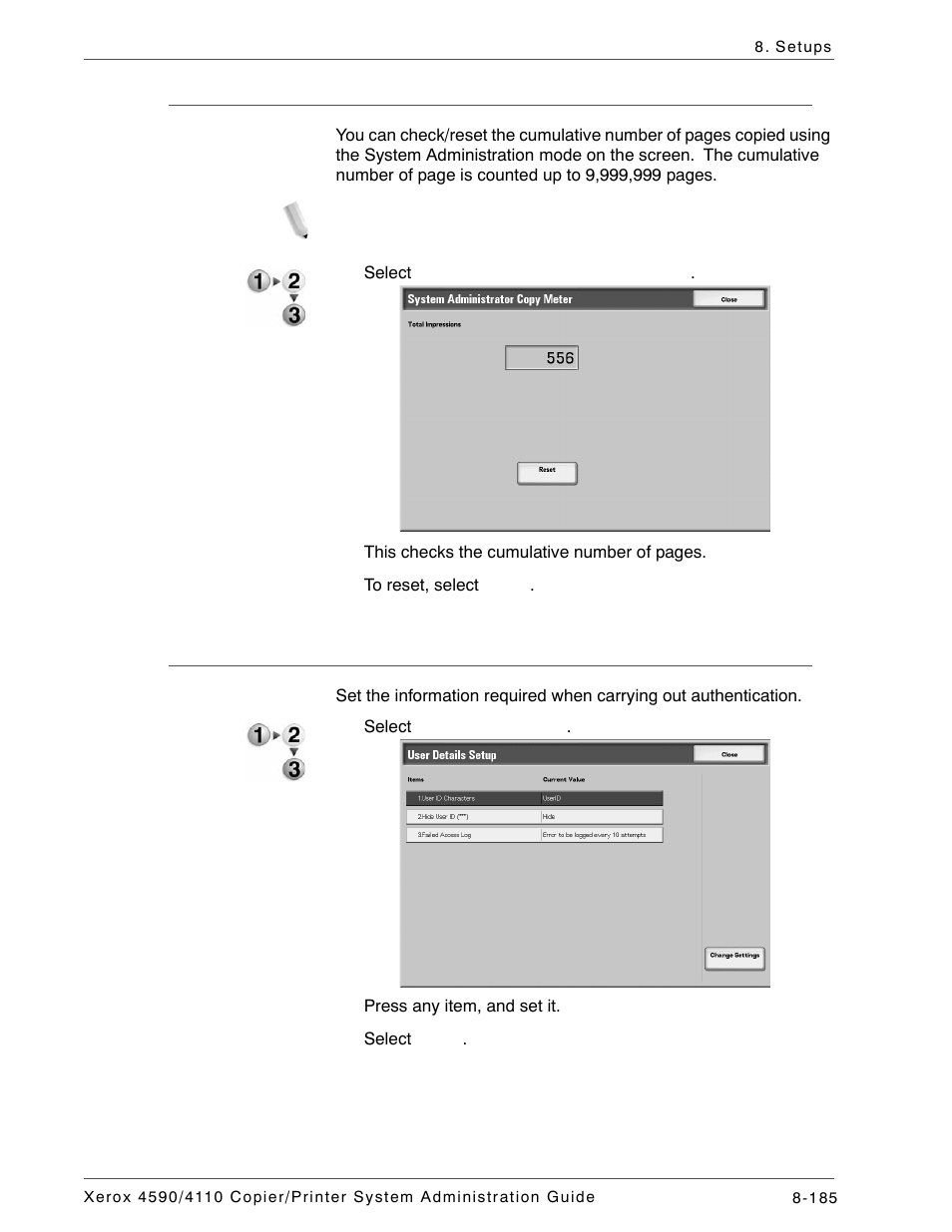 System administrator copy meter, User details setup | Xerox 4590 User Manual | Page 343 / 402