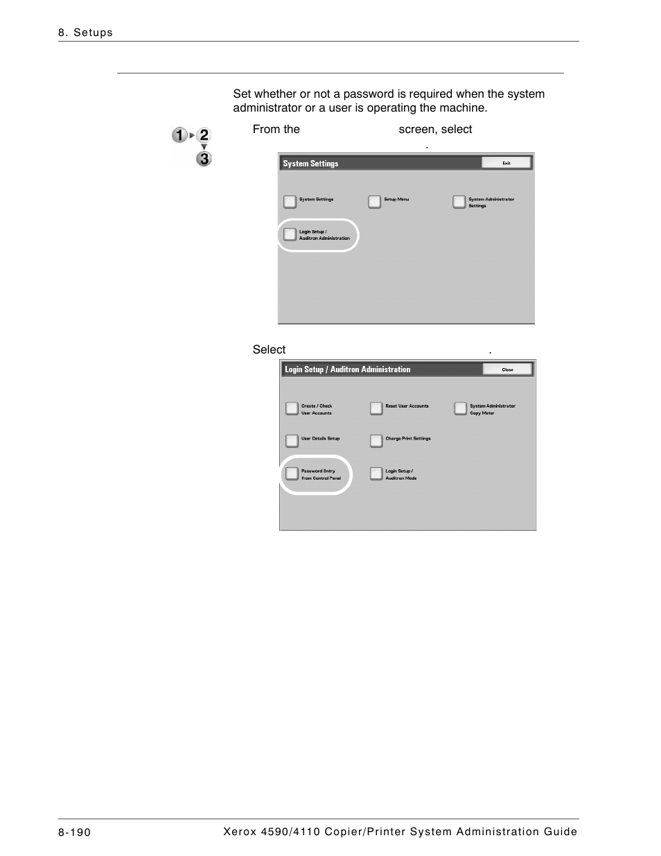 Password entry from control panel | Xerox 4590 User Manual | Page 348 / 402