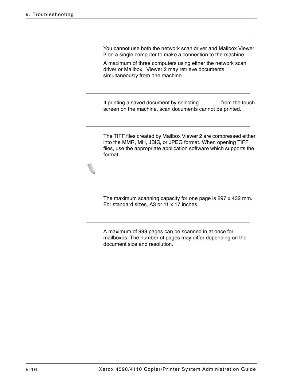 When printing documents saved in the mailbox, When using tiff files, Restriction on scanning capacity | Number of sheets for scanning (for mailbox) | Xerox 4590 User Manual | Page 376 / 402