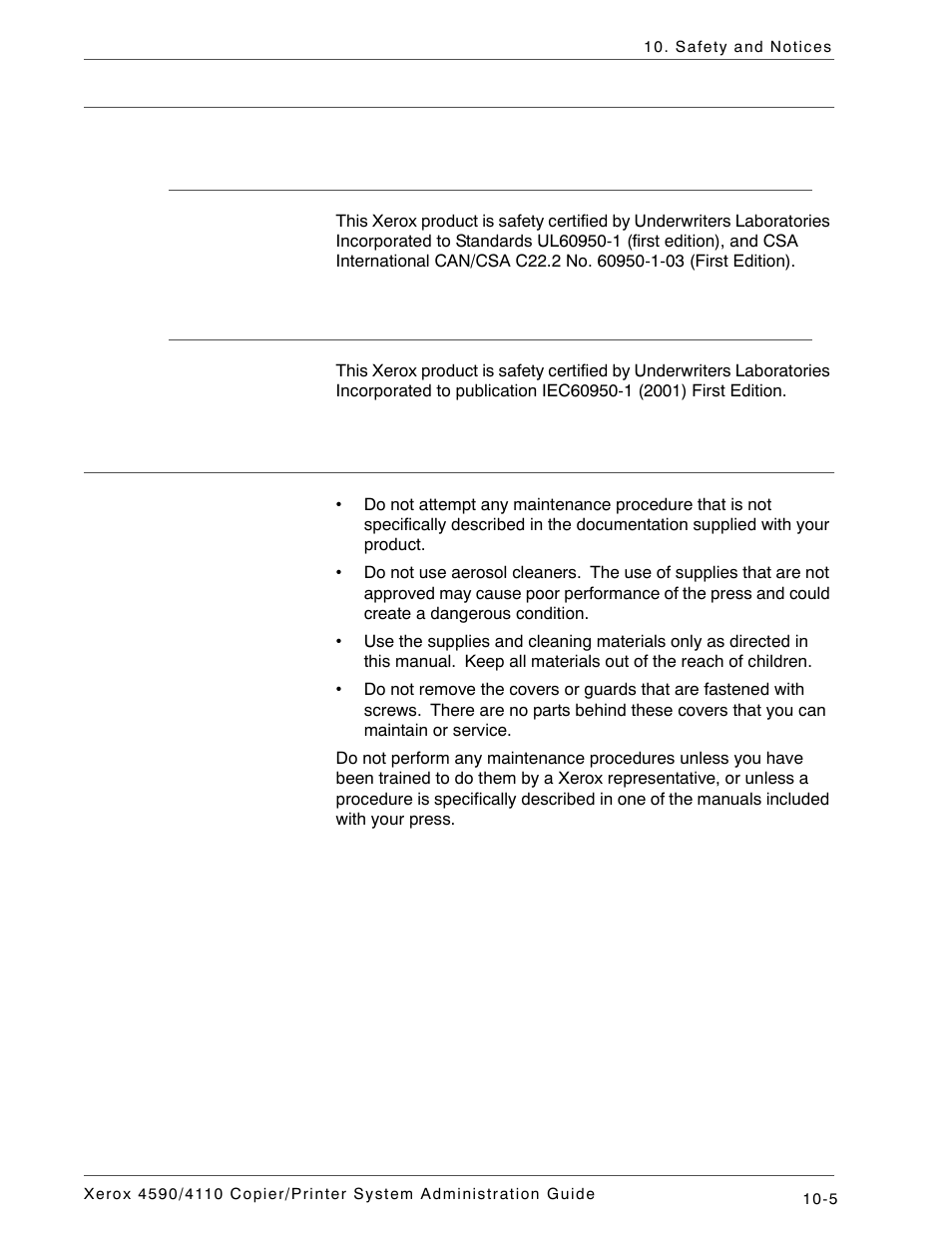 Safety standards, North america, Europe and other markets | Maintenance safety | Xerox 4590 User Manual | Page 383 / 402