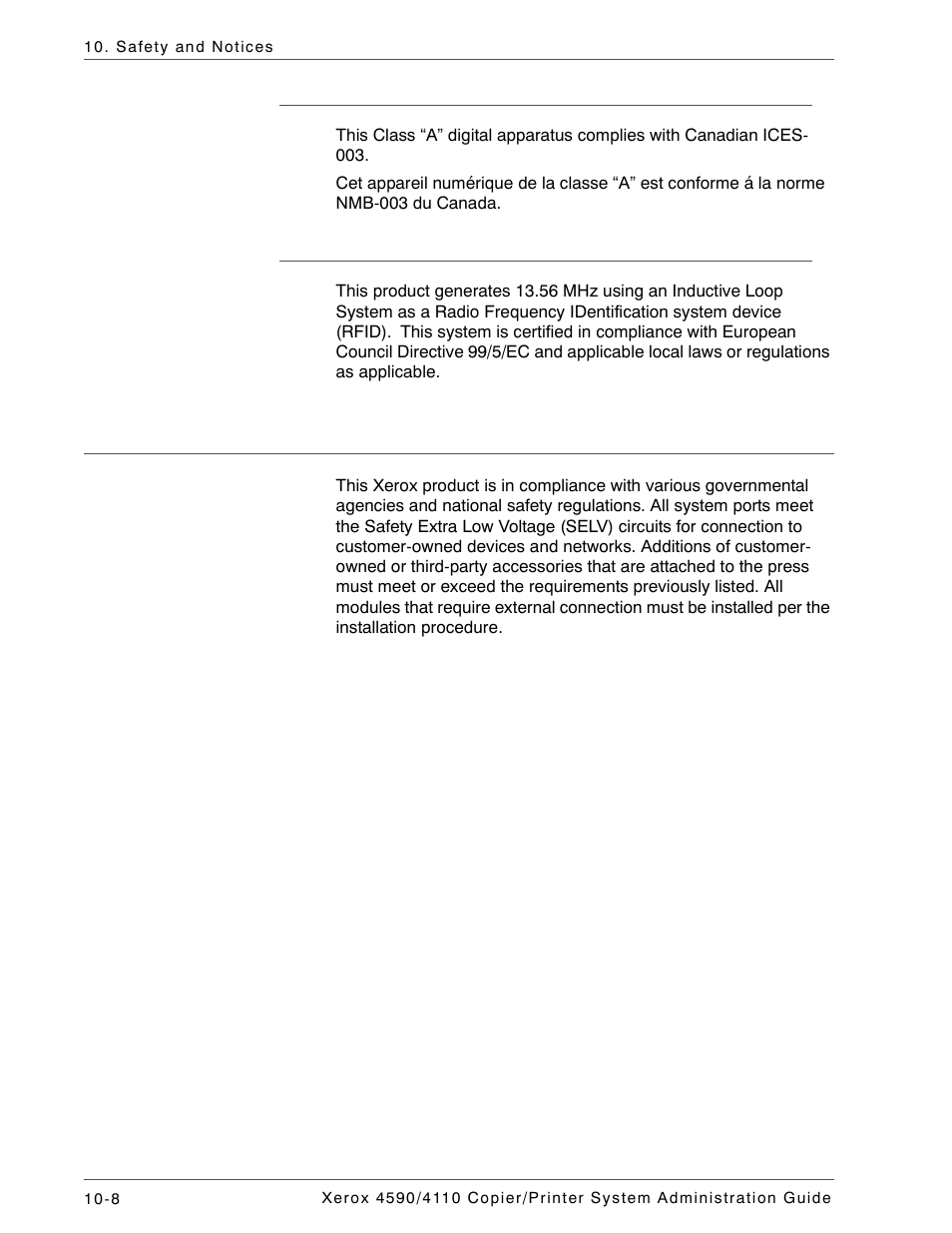 In canada (ices-003), Regulatory information for rfid, Safety extra low voltage approval | Xerox 4590 User Manual | Page 386 / 402