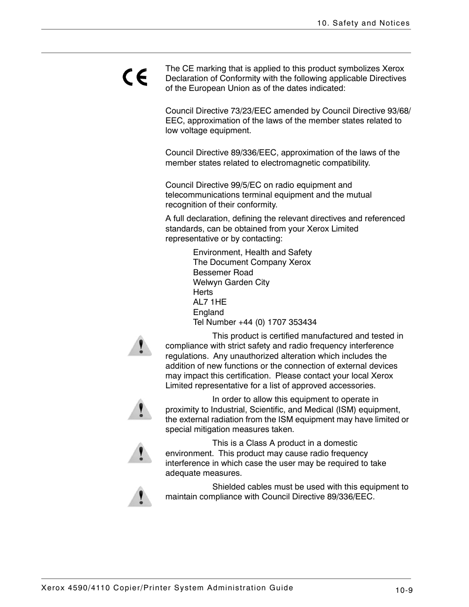 Certifications in europe | Xerox 4590 User Manual | Page 387 / 402