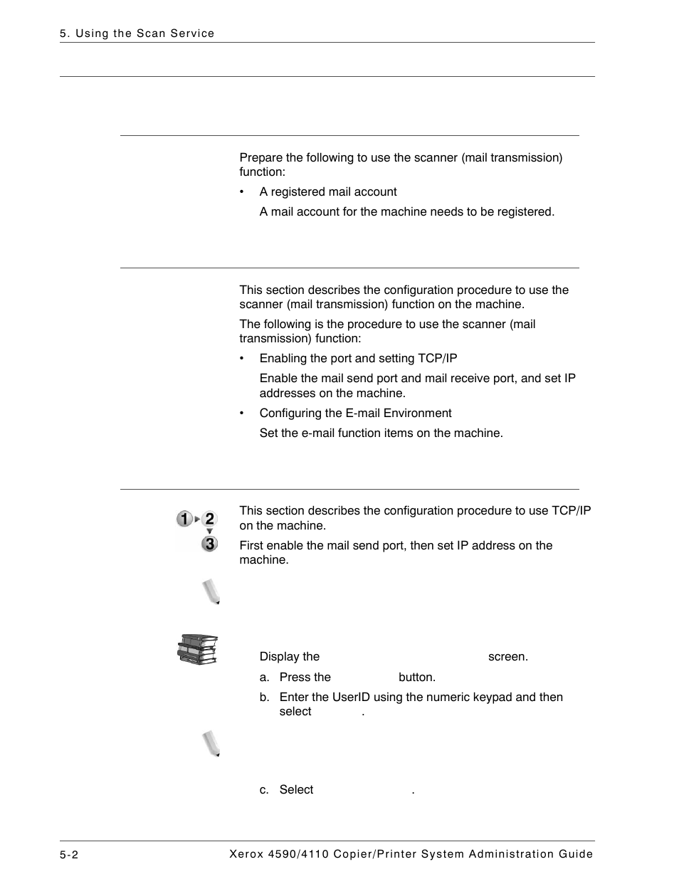 Configuration of the scanner (mail transmission), Preparations, Overview | Enabling the ports and setting the ip addresses | Xerox 4590 User Manual | Page 94 / 402