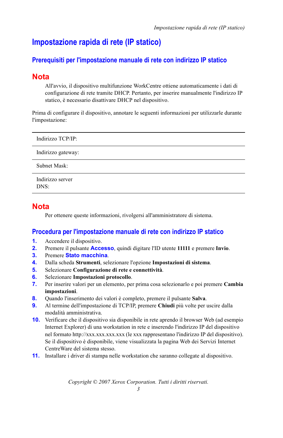 Impostazione rapida di rete (ip statico), Nota | Xerox WorkCentre 7328-7335-7345-7346 con EFI Fiery Controller-15395 User Manual | Page 11 / 24