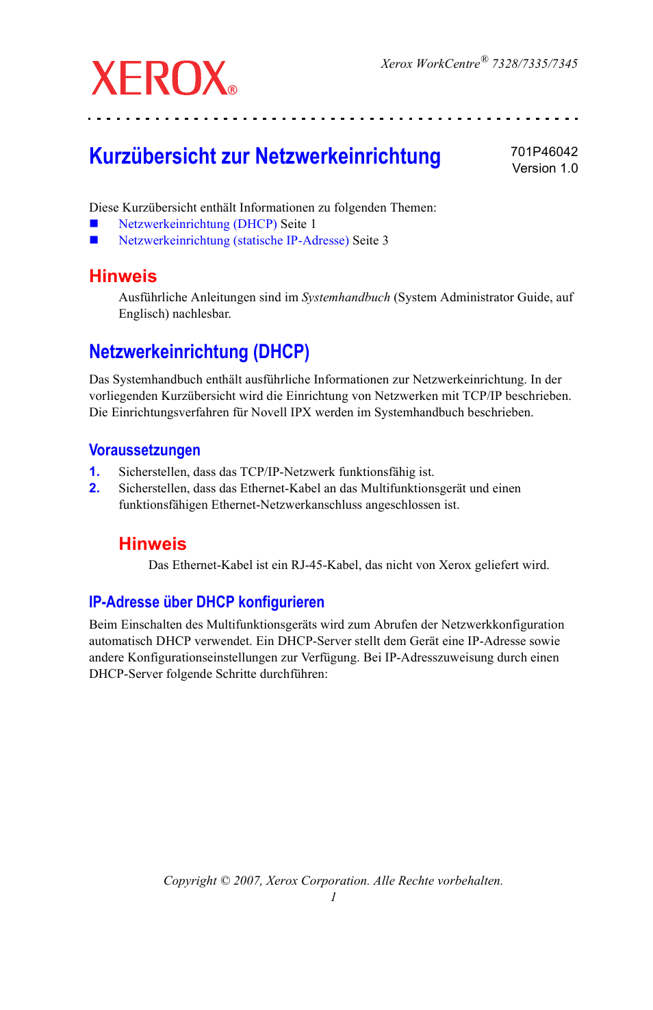 Kurzübersicht zur netzwerkeinrichtung, Netzwerkeinrichtung (dhcp), Voraussetzungen | Ip-adresse über dhcp konfigurieren, Hinweis | Xerox WorkCentre 7328-7335-7345-7346 con EFI Fiery Controller-15395 User Manual | Page 13 / 24