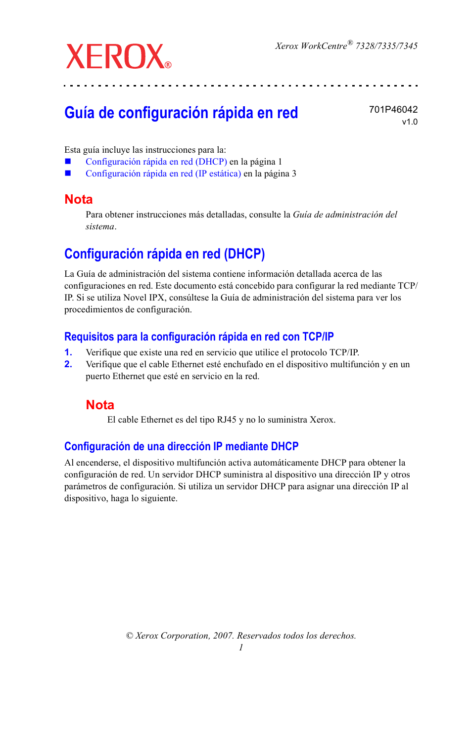 Guía de configuración rápida en red, Configuración rápida en red (dhcp), Configuración de una dirección ip mediante dhcp | Nota | Xerox WorkCentre 7328-7335-7345-7346 con EFI Fiery Controller-15395 User Manual | Page 17 / 24