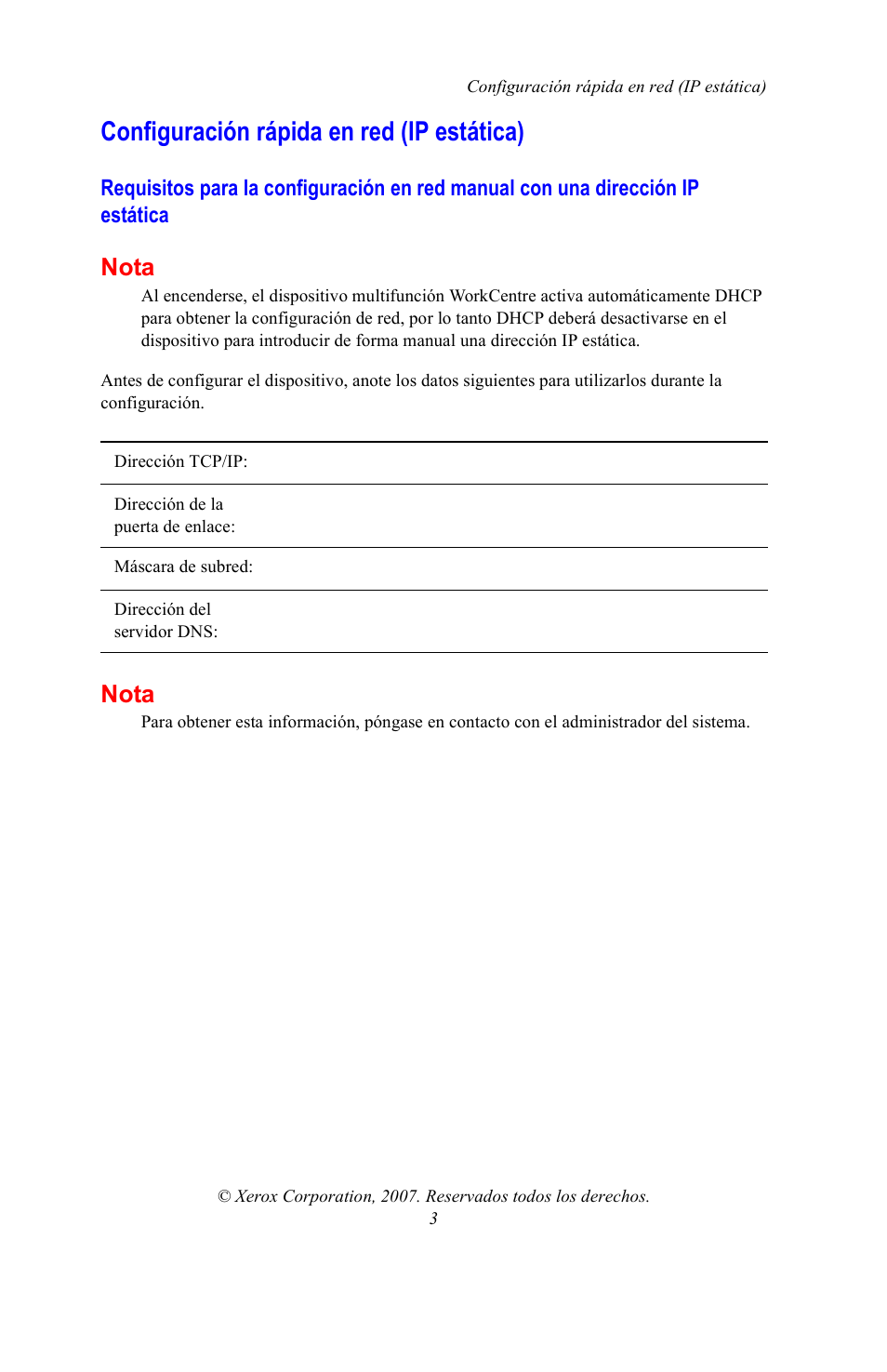 Configuración rápida en red (ip estática), Nota | Xerox WorkCentre 7328-7335-7345-7346 con EFI Fiery Controller-15395 User Manual | Page 19 / 24