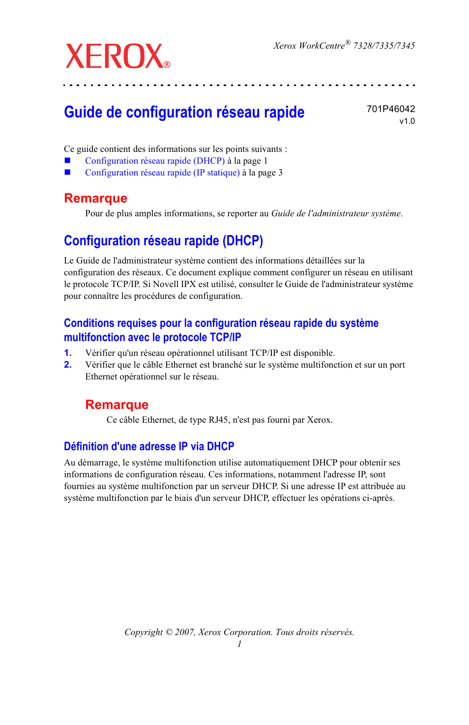 Guide de configuration réseau rapide, Configuration réseau rapide (dhcp), Définition d'une adresse ip via dhcp | Remarque | Xerox WorkCentre 7328-7335-7345-7346 con EFI Fiery Controller-15395 User Manual | Page 5 / 24