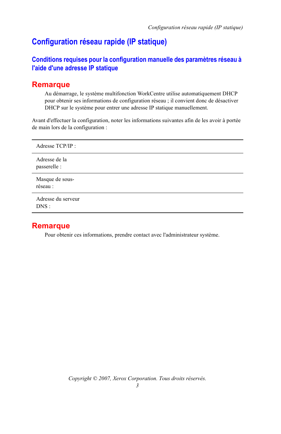 Configuration réseau rapide (ip statique), Remarque | Xerox WorkCentre 7328-7335-7345-7346 con EFI Fiery Controller-15395 User Manual | Page 7 / 24