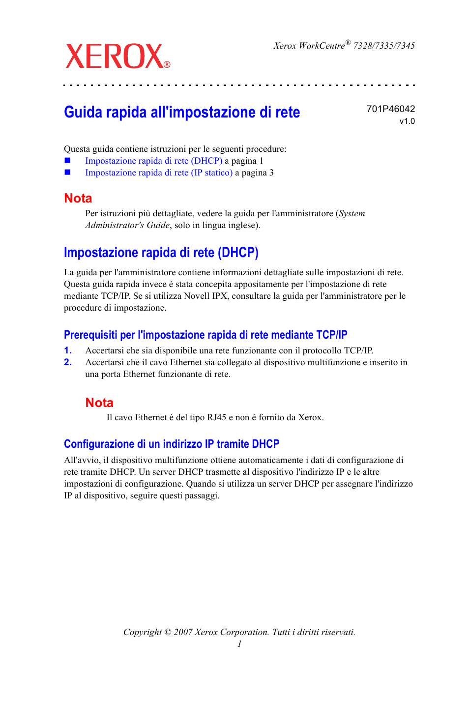 Guida rapida all'impostazione di rete, Impostazione rapida di rete (dhcp), Configurazione di un indirizzo ip tramite dhcp | Nota | Xerox WorkCentre 7328-7335-7345-7346 con EFI Fiery Controller-15395 User Manual | Page 9 / 24