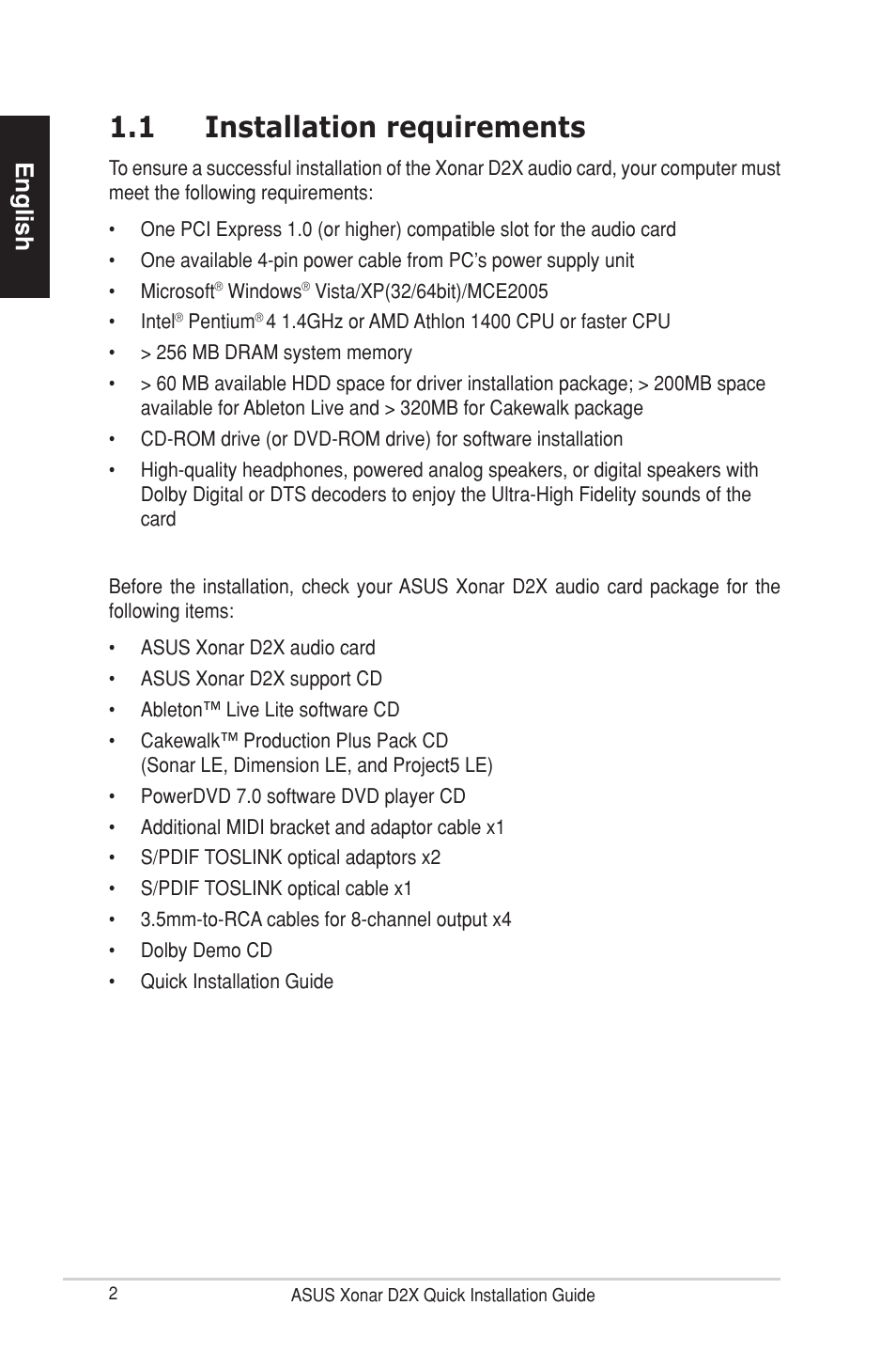 1 installation requirements, English | Asus E3360 User Manual | Page 2 / 10