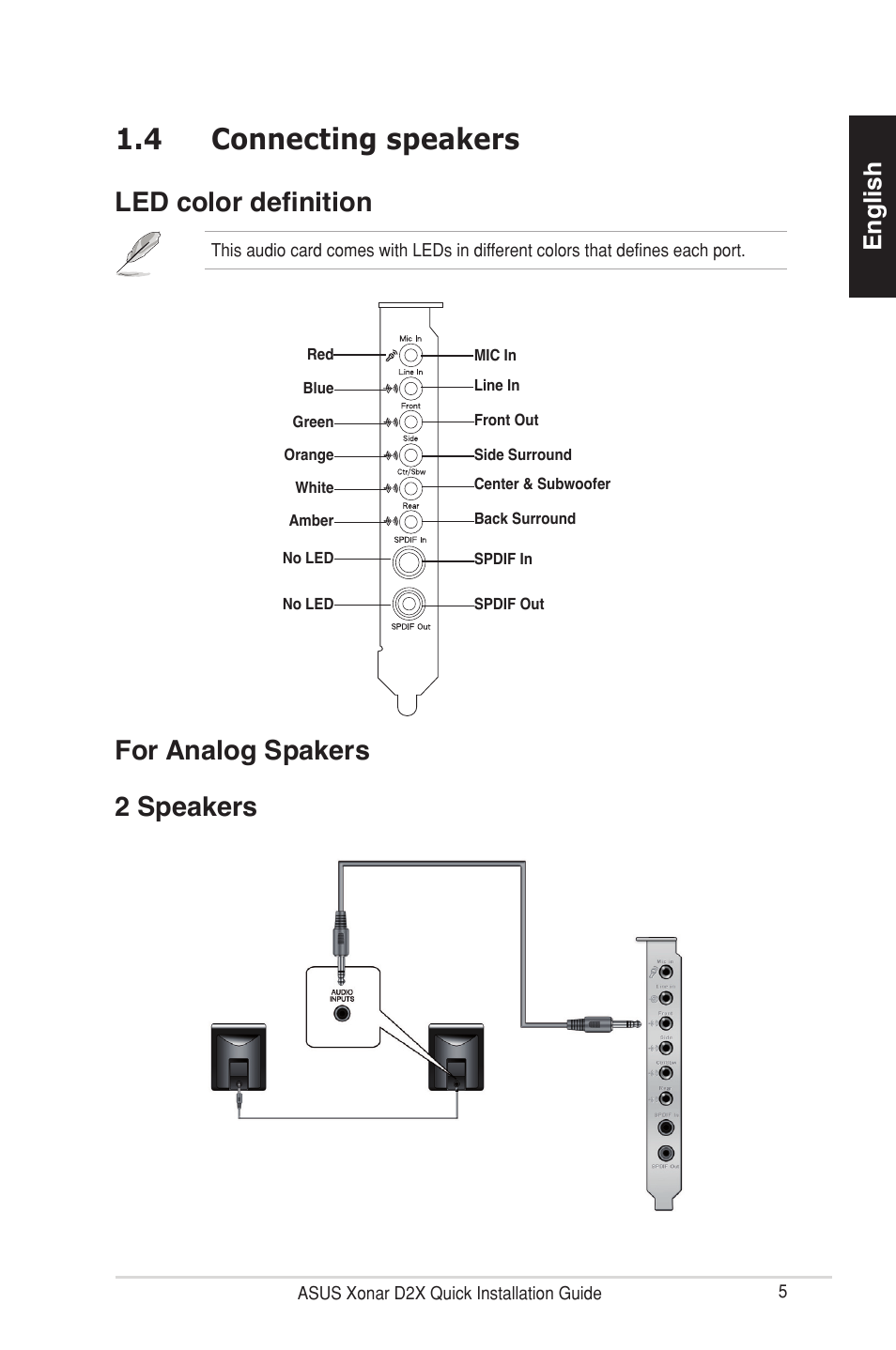 4 connecting speakers, For analog spakers 2 speakers, Led color definition | English | Asus E3360 User Manual | Page 5 / 10