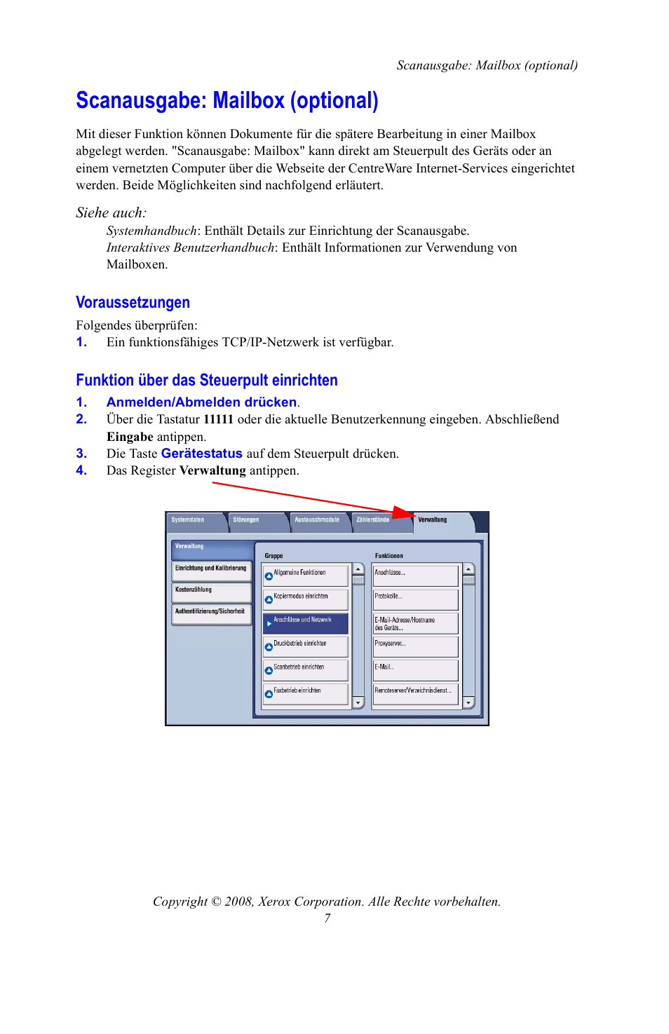 Scanausgabe: mailbox (optional), Voraussetzungen, Funktion über das steuerpult einrichten | S. 7 | Xerox WorkCentre 7328-7335-7345-7346 con built-in controller-15108 User Manual | Page 111 / 208