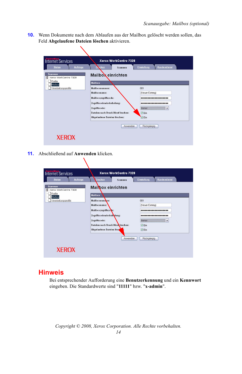 Hinweis | Xerox WorkCentre 7328-7335-7345-7346 con built-in controller-15108 User Manual | Page 118 / 208