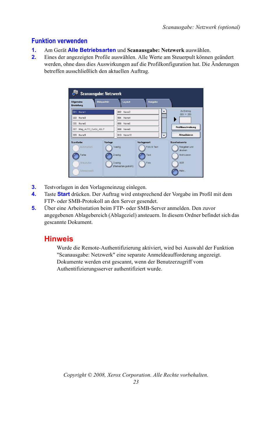 Funktion verwenden, Hinweis | Xerox WorkCentre 7328-7335-7345-7346 con built-in controller-15108 User Manual | Page 127 / 208