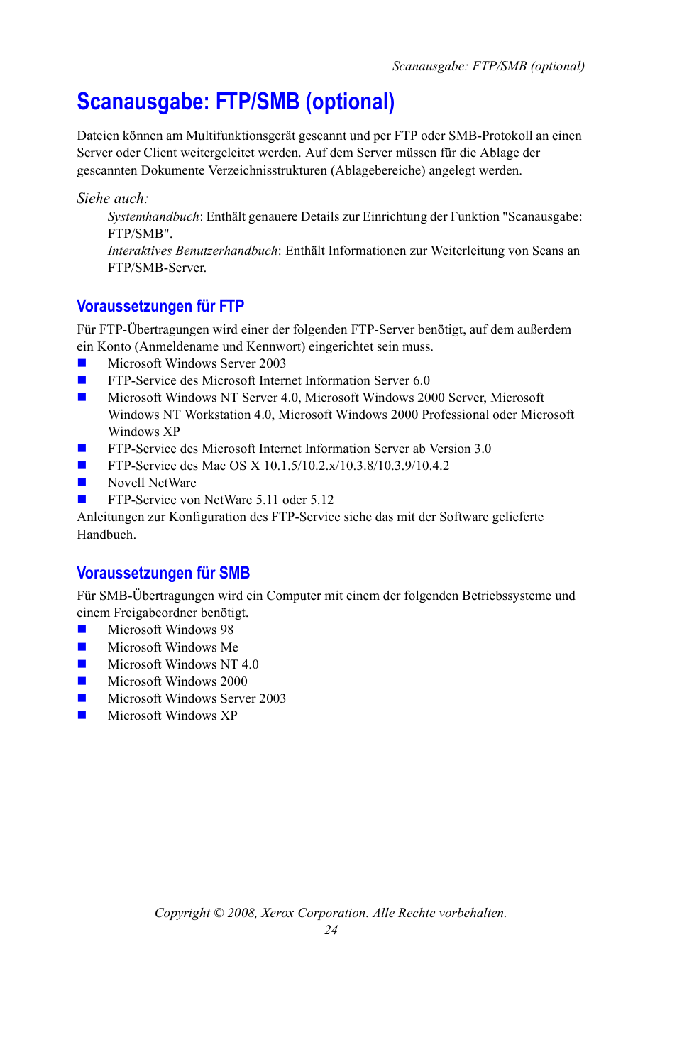 Scanausgabe: ftp/smb (optional), Voraussetzungen für ftp, Voraussetzungen für smb | S. 24 | Xerox WorkCentre 7328-7335-7345-7346 con built-in controller-15108 User Manual | Page 128 / 208