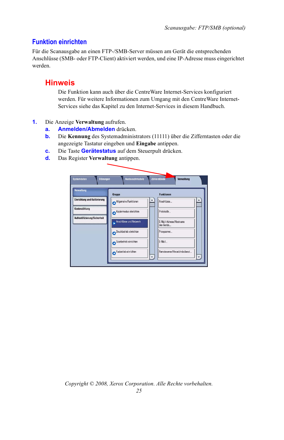 Funktion einrichten, Hinweis | Xerox WorkCentre 7328-7335-7345-7346 con built-in controller-15108 User Manual | Page 129 / 208