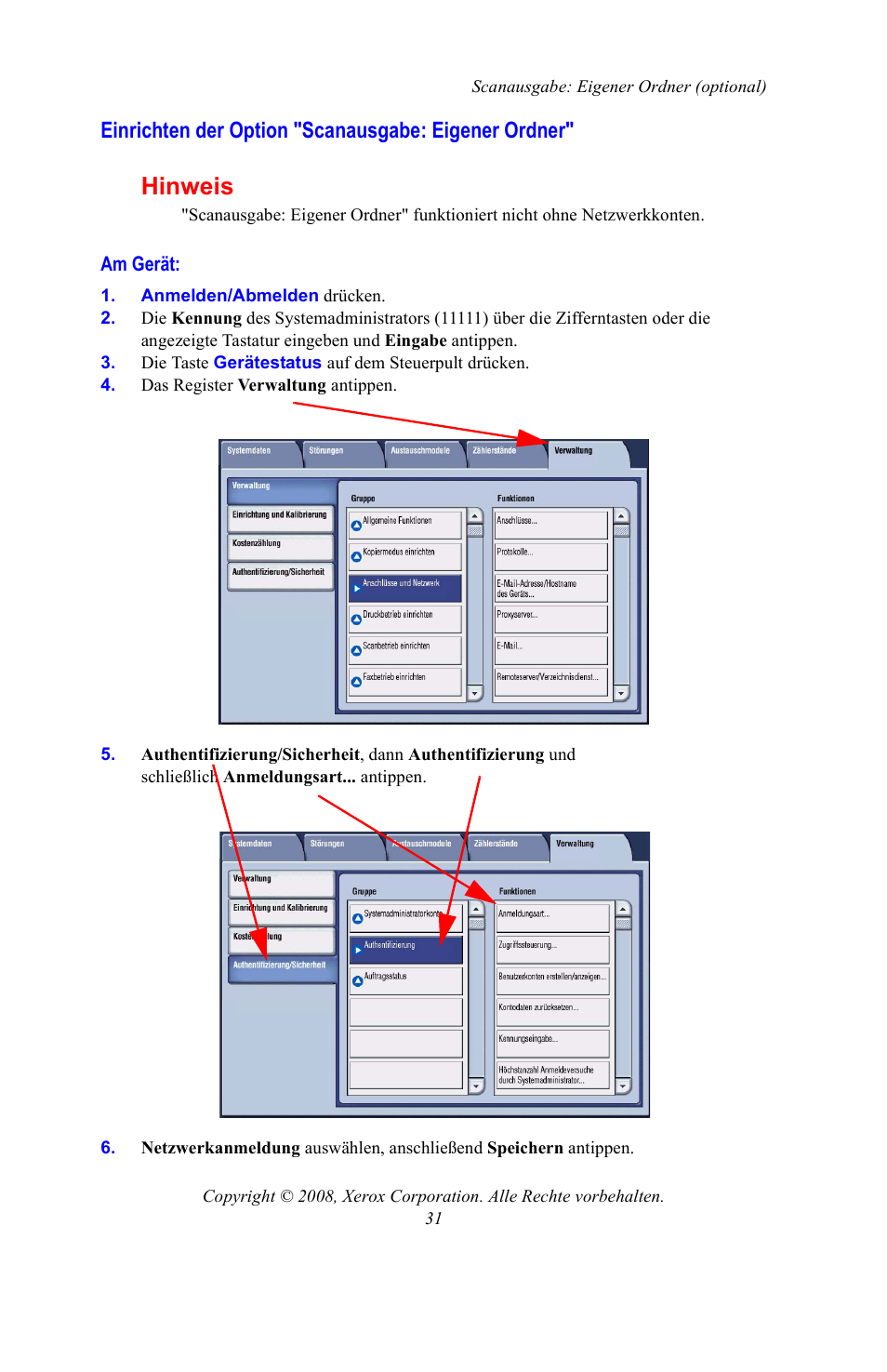 Einrichten der option "scanausgabe: eigener ordner, Hinweis | Xerox WorkCentre 7328-7335-7345-7346 con built-in controller-15108 User Manual | Page 135 / 208