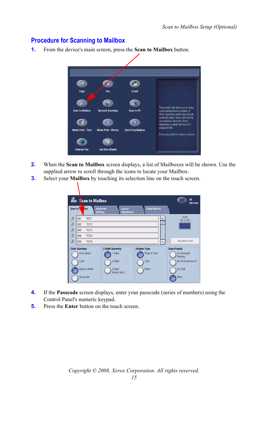 Procedure for scanning to mailbox | Xerox WorkCentre 7328-7335-7345-7346 con built-in controller-15108 User Manual | Page 15 / 208