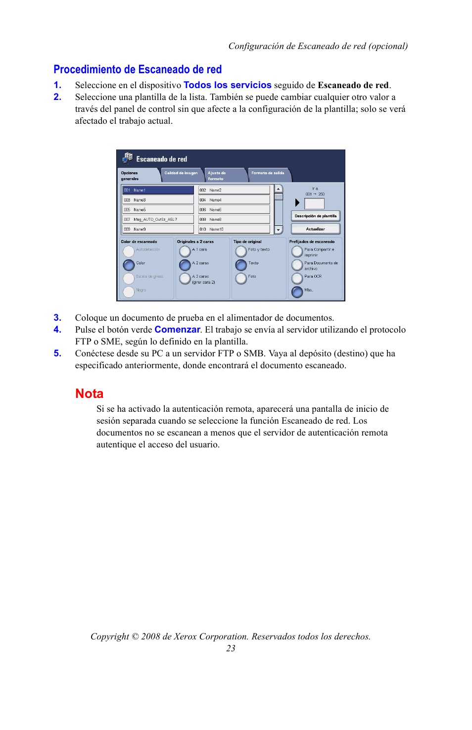 Procedimiento de escaneado de red, Nota | Xerox WorkCentre 7328-7335-7345-7346 con built-in controller-15108 User Manual | Page 163 / 208