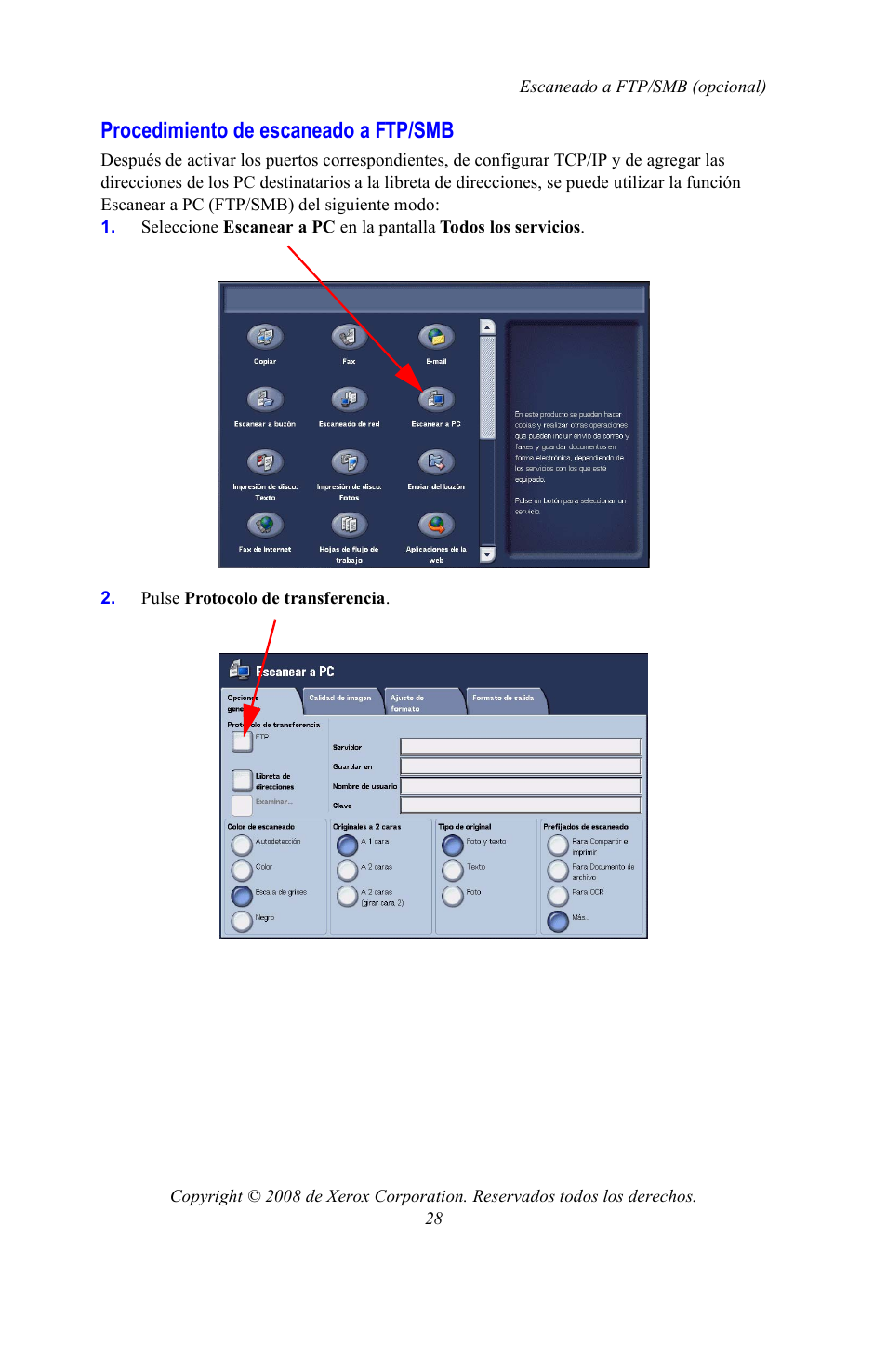 Procedimiento de escaneado a ftp/smb | Xerox WorkCentre 7328-7335-7345-7346 con built-in controller-15108 User Manual | Page 168 / 208