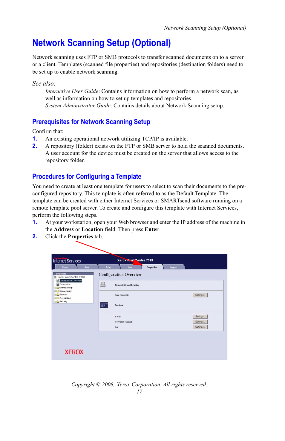 Network scanning setup (optional), Prerequisites for network scanning setup, Procedures for configuring a template | Xerox WorkCentre 7328-7335-7345-7346 con built-in controller-15108 User Manual | Page 17 / 208