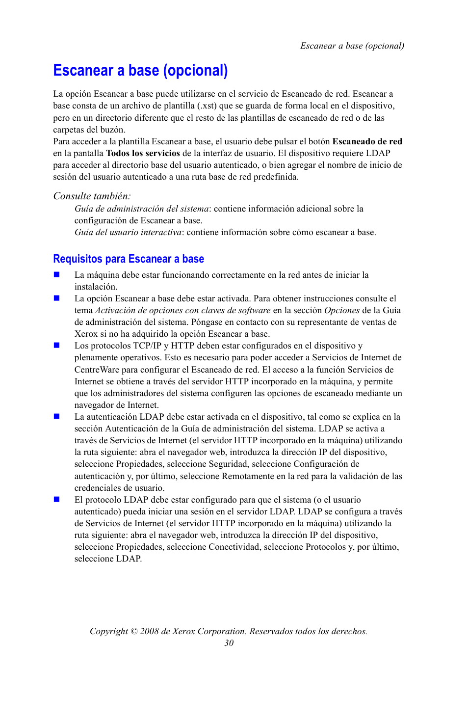 Escanear a base (opcional), Requisitos para escanear a base | Xerox WorkCentre 7328-7335-7345-7346 con built-in controller-15108 User Manual | Page 170 / 208