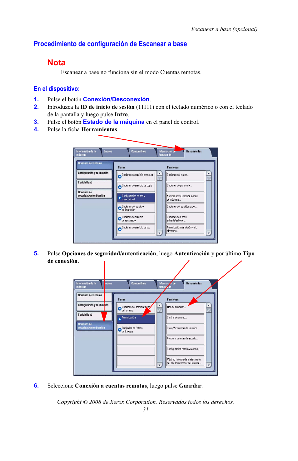 Procedimiento de configuración de escanear a base, Nota | Xerox WorkCentre 7328-7335-7345-7346 con built-in controller-15108 User Manual | Page 171 / 208