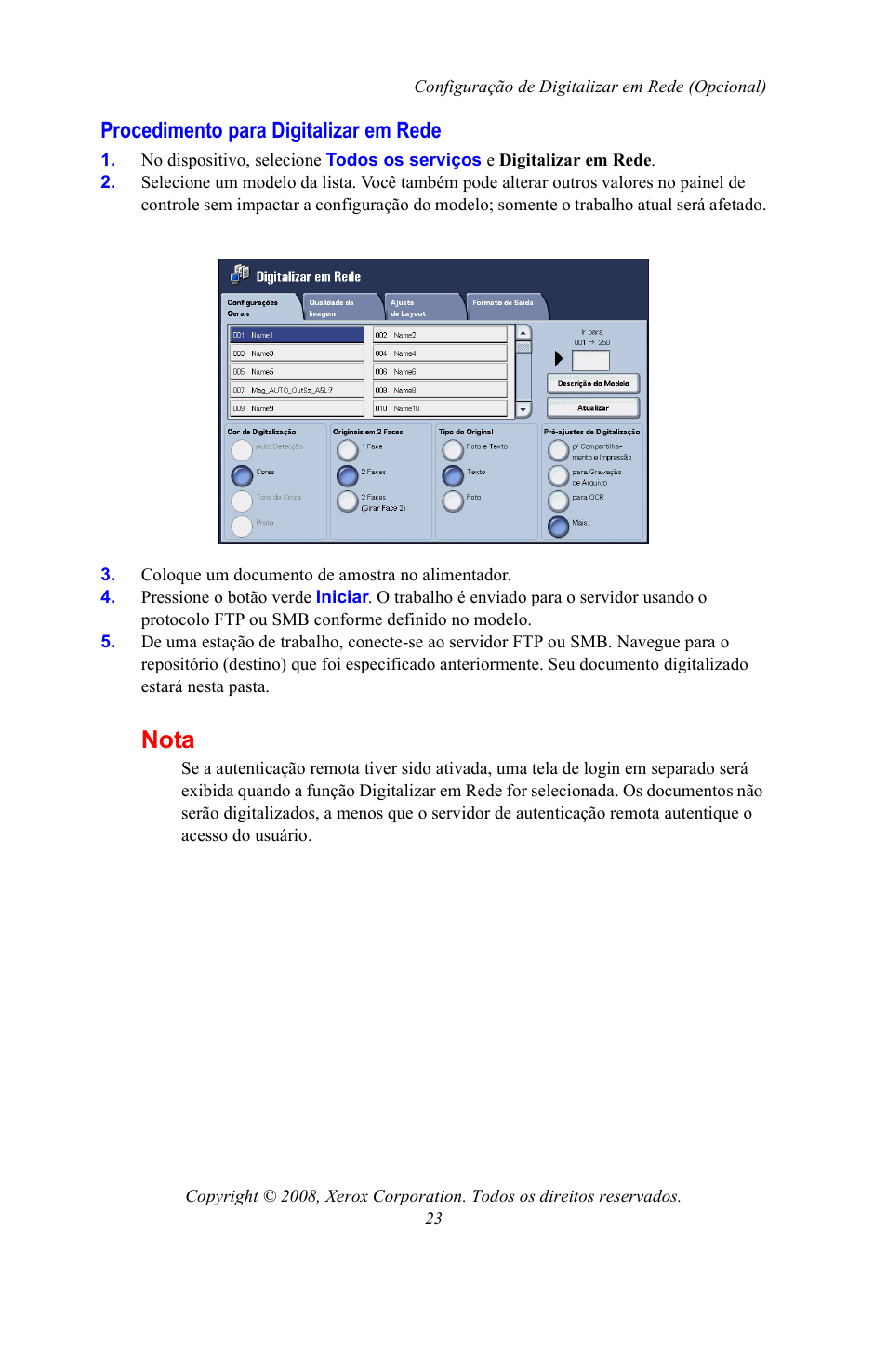 Procedimento para digitalizar em rede, Nota | Xerox WorkCentre 7328-7335-7345-7346 con built-in controller-15108 User Manual | Page 197 / 208