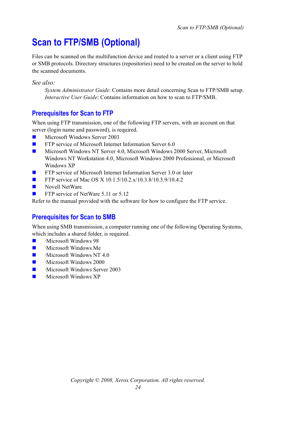 Scan to ftp/smb (optional), Prerequisites for scan to ftp, Prerequisites for scan to smb | Xerox WorkCentre 7328-7335-7345-7346 con built-in controller-15108 User Manual | Page 24 / 208