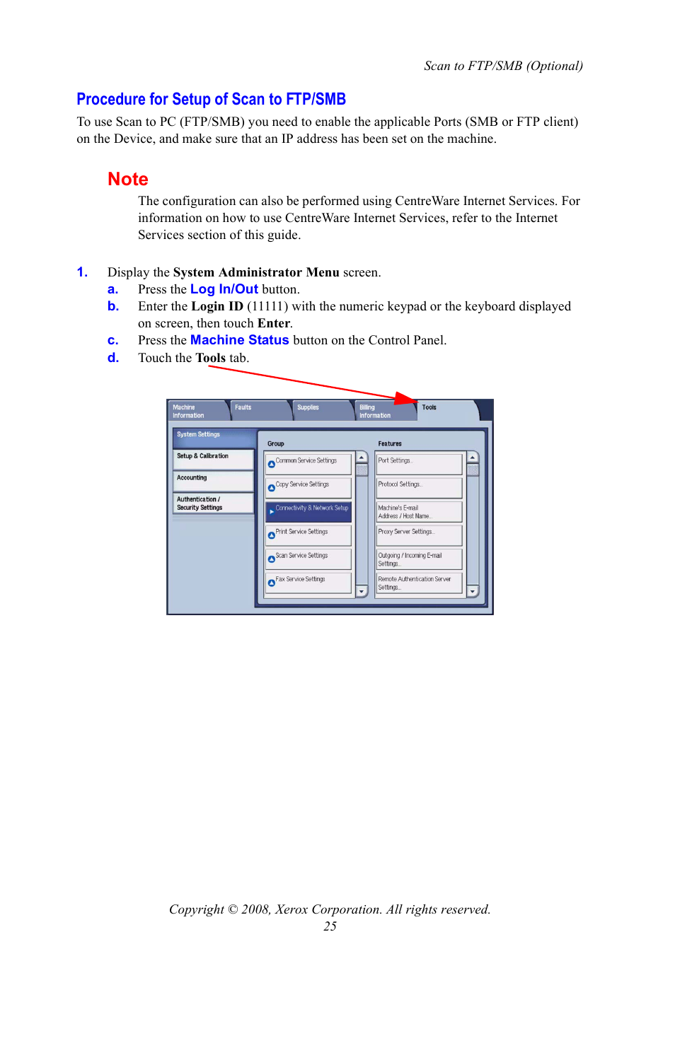 Procedure for setup of scan to ftp/smb | Xerox WorkCentre 7328-7335-7345-7346 con built-in controller-15108 User Manual | Page 25 / 208
