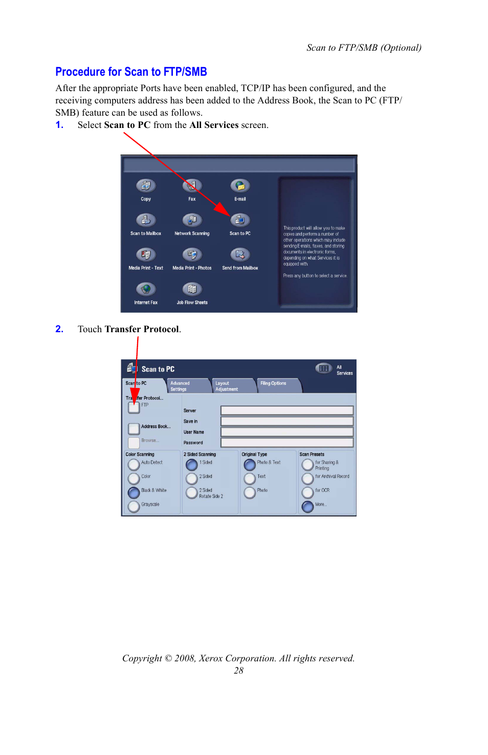 Procedure for scan to ftp/smb | Xerox WorkCentre 7328-7335-7345-7346 con built-in controller-15108 User Manual | Page 28 / 208