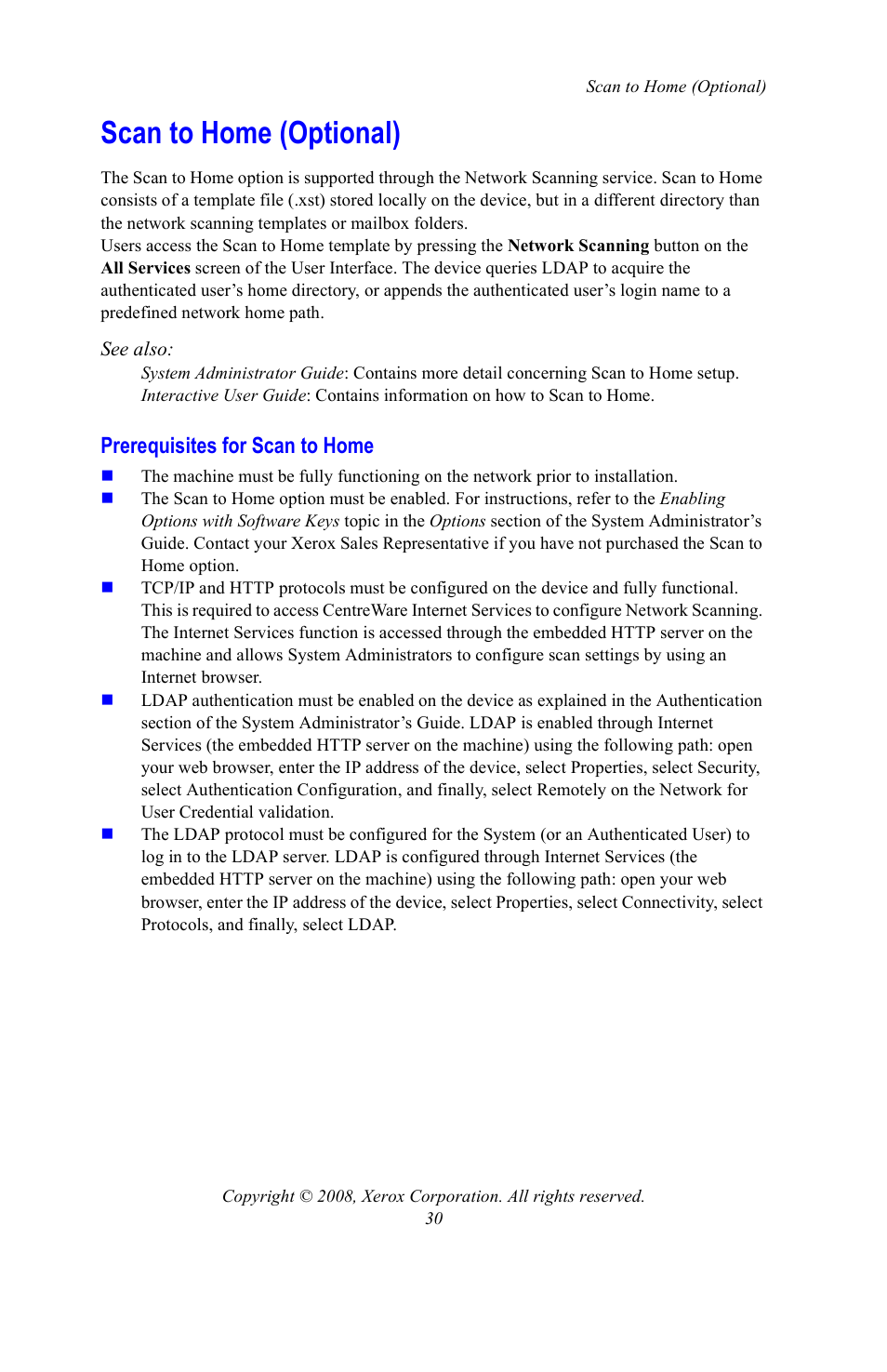 Scan to home (optional), Prerequisites for scan to home | Xerox WorkCentre 7328-7335-7345-7346 con built-in controller-15108 User Manual | Page 30 / 208