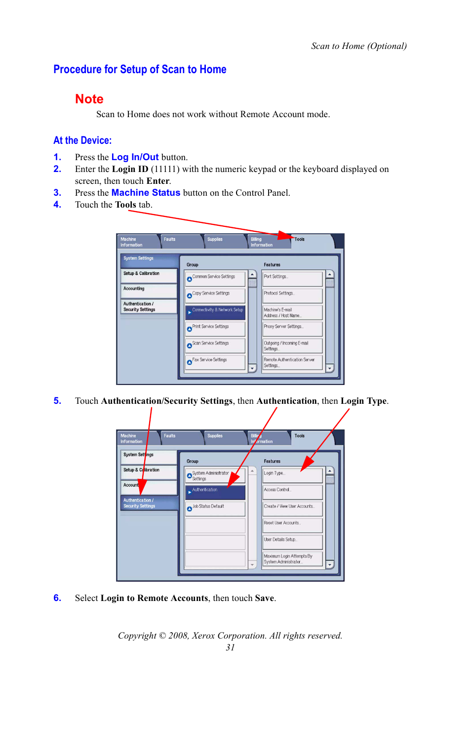 Procedure for setup of scan to home | Xerox WorkCentre 7328-7335-7345-7346 con built-in controller-15108 User Manual | Page 31 / 208