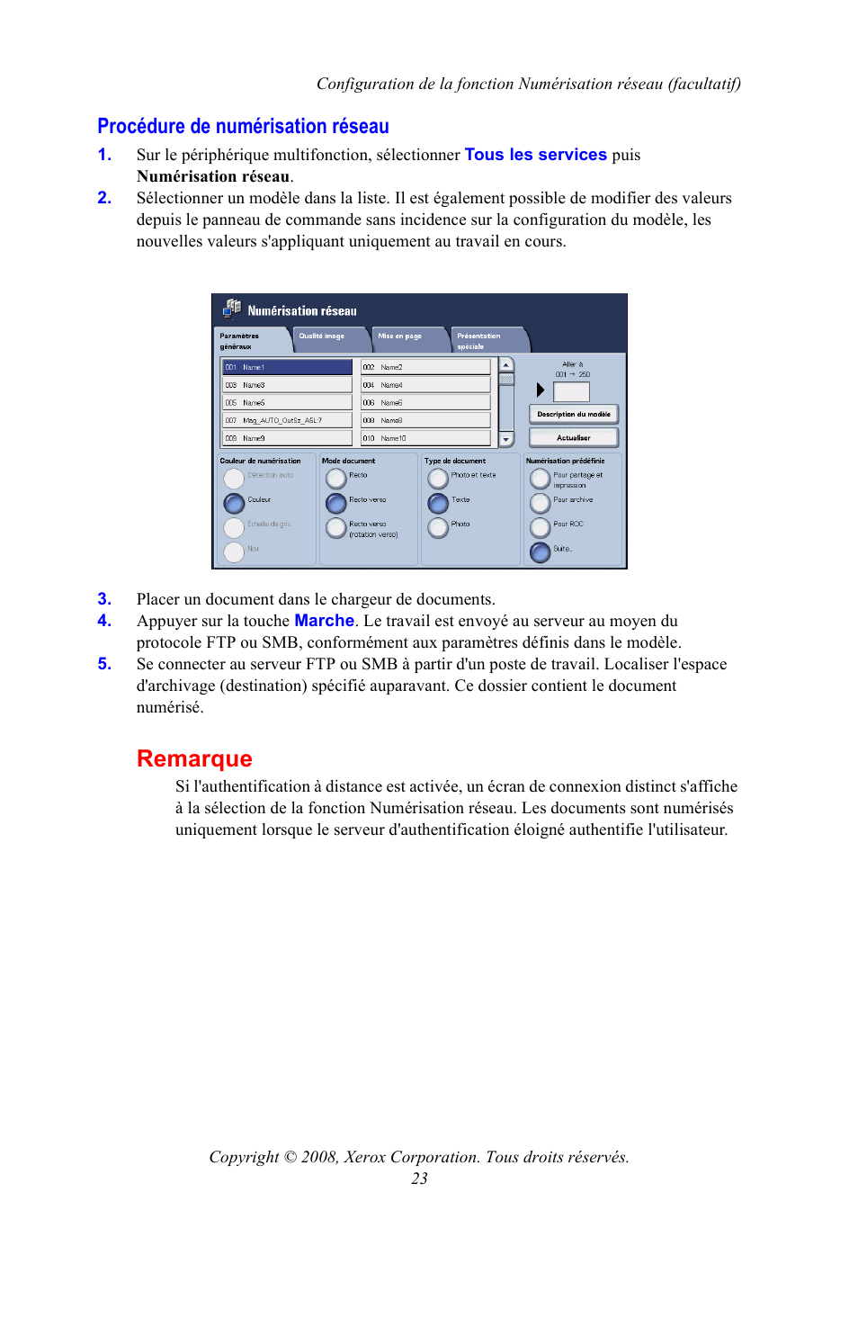 Procédure de numérisation réseau, Remarque | Xerox WorkCentre 7328-7335-7345-7346 con built-in controller-15108 User Manual | Page 59 / 208