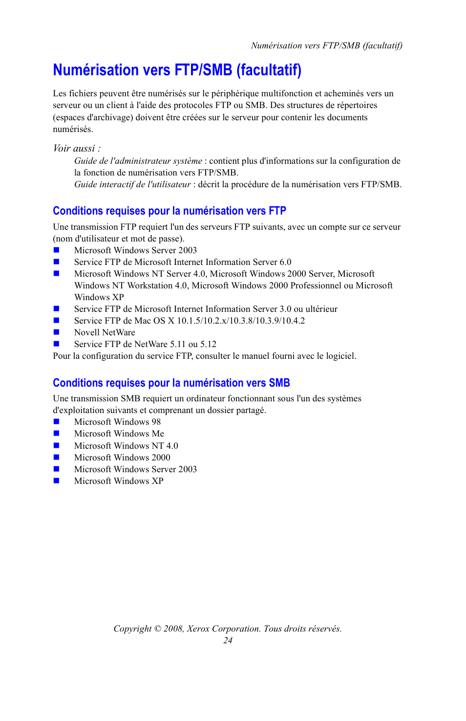 Numérisation vers ftp/smb (facultatif), Conditions requises pour la numérisation vers ftp, Conditions requises pour la numérisation vers smb | Xerox WorkCentre 7328-7335-7345-7346 con built-in controller-15108 User Manual | Page 60 / 208