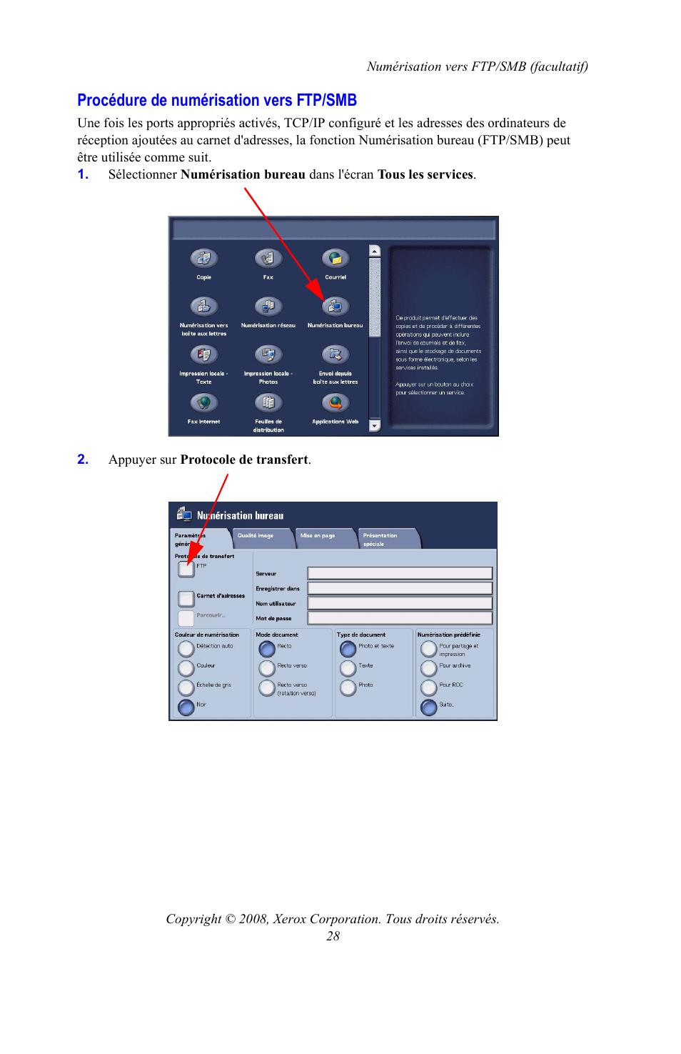 Procédure de numérisation vers ftp/smb | Xerox WorkCentre 7328-7335-7345-7346 con built-in controller-15108 User Manual | Page 64 / 208