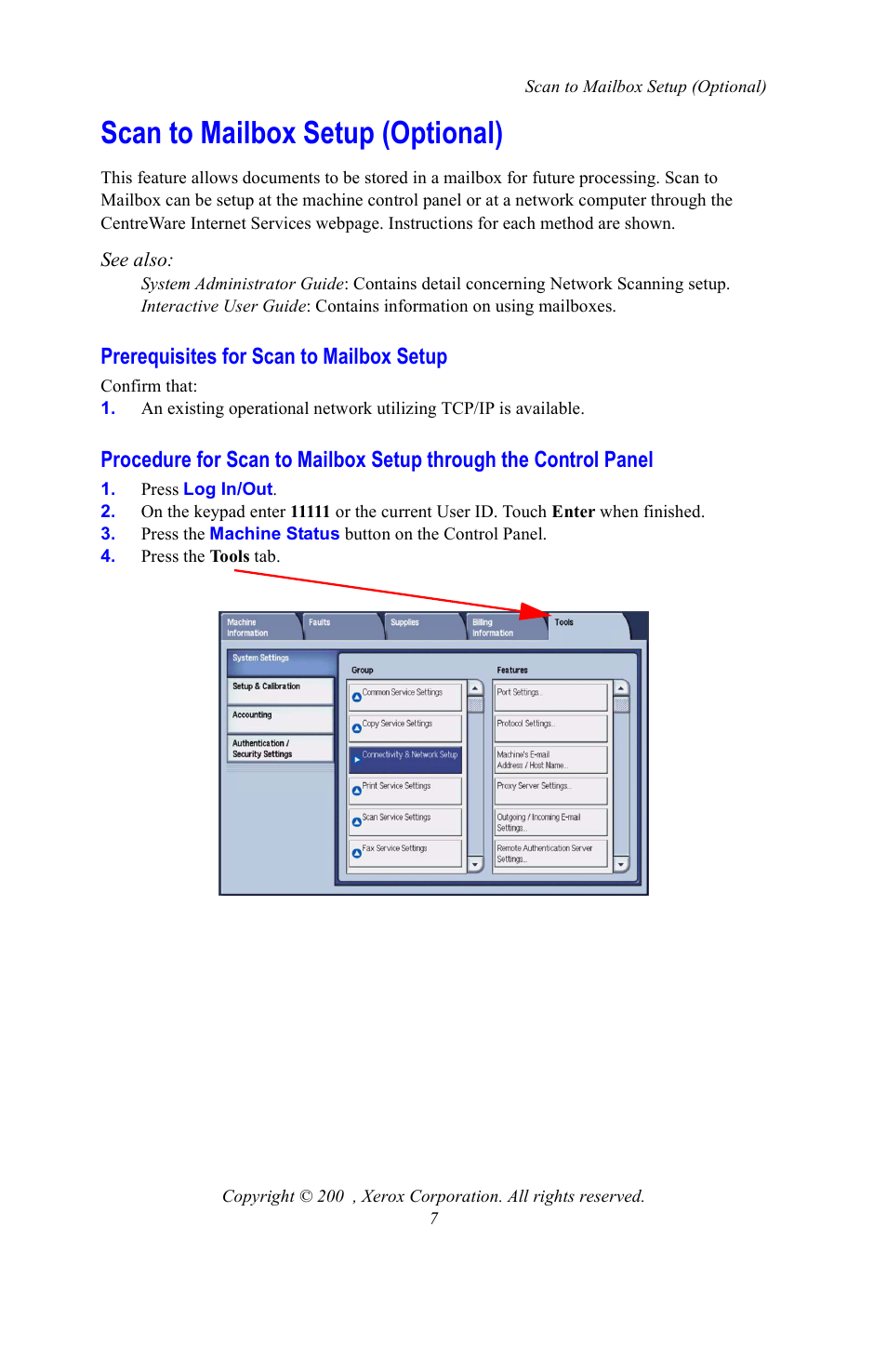 Scan to mailbox setup (optional), Prerequisites for scan to mailbox setup | Xerox WorkCentre 7328-7335-7345-7346 con built-in controller-15108 User Manual | Page 7 / 208