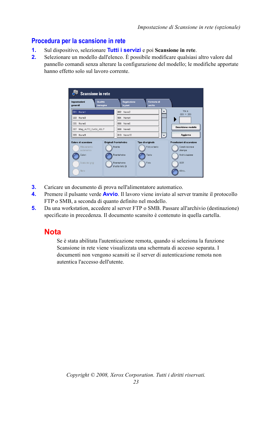 Procedura per la scansione in rete, Nota | Xerox WorkCentre 7328-7335-7345-7346 con built-in controller-15108 User Manual | Page 93 / 208