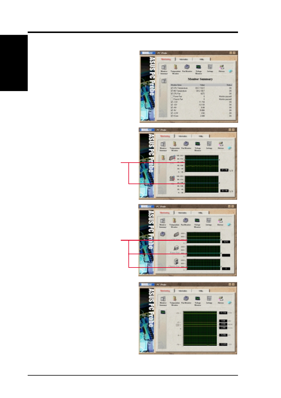 Software reference, 2 using asus pc probe, Monitoring | Asus TUEG-VM Motherboard 815EG User Manual | Page 84 / 104
