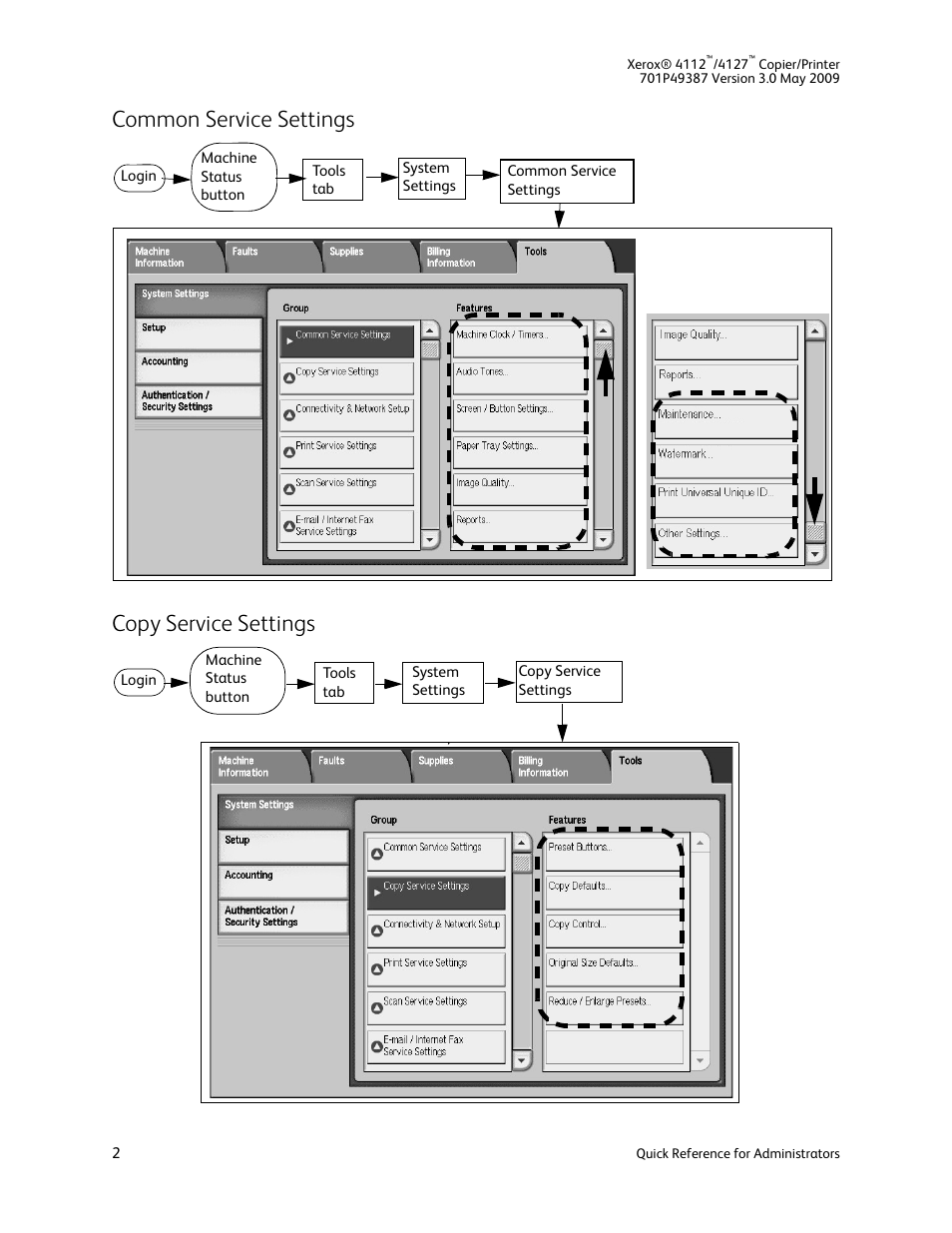 Common service settings, Copy service settings, Common service settings copy service settings | Xerox 4112-4127 ST con integrated Copy-Print Server-15036 User Manual | Page 2 / 6