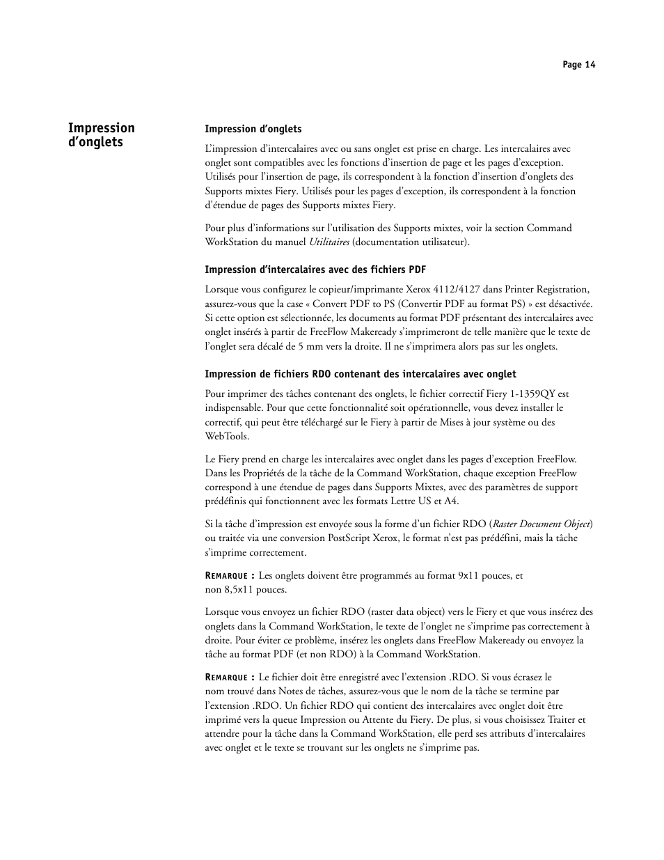 Impression d’onglets, Impression d’intercalaires avec des fichiers pdf | Xerox 4112-4127 ST con Xerox EX Print Server powered by Fiery-15679 User Manual | Page 14 / 72