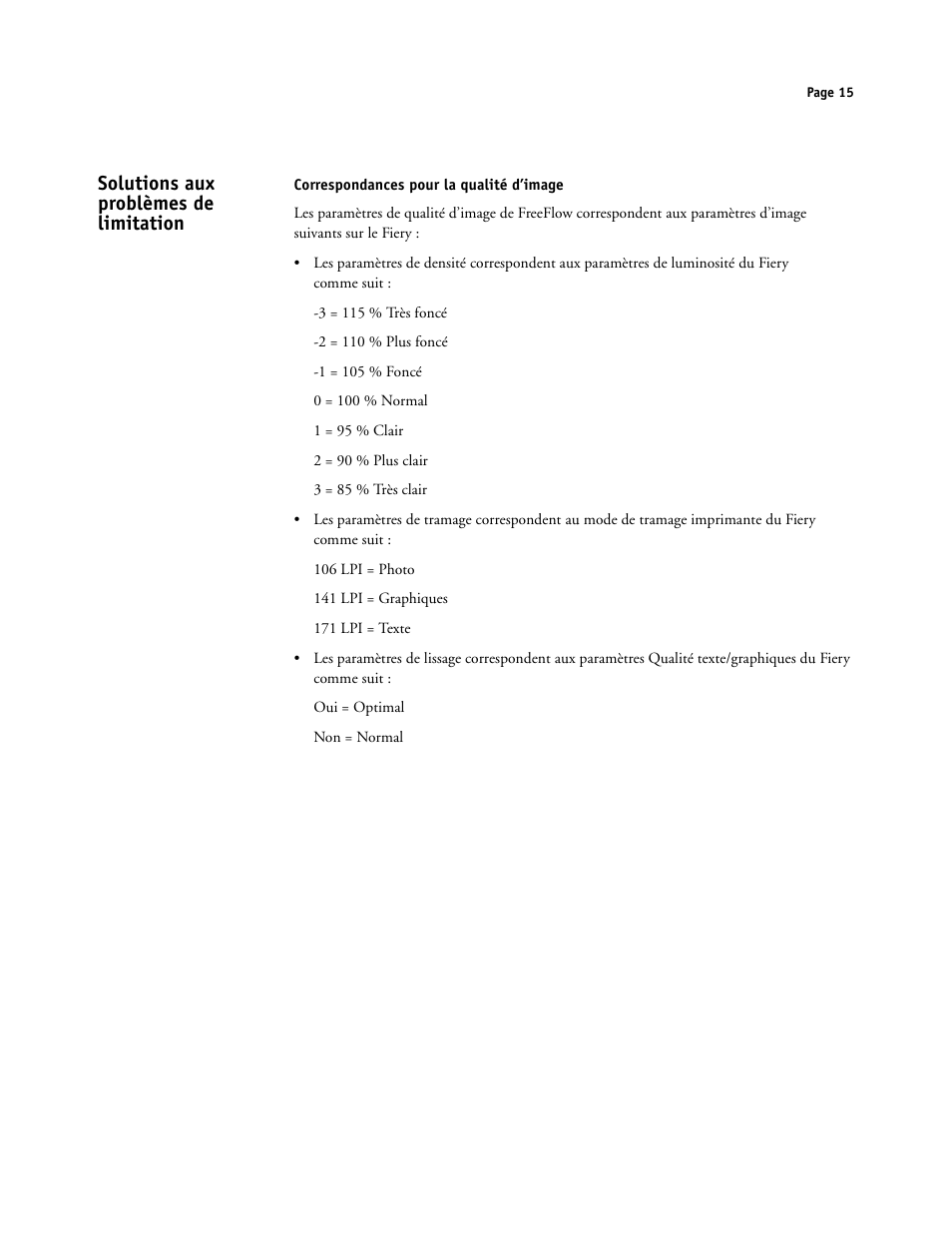 Solutions aux problèmes de limitation, Correspondances pour la qualité d’image | Xerox 4112-4127 ST con Xerox EX Print Server powered by Fiery-15679 User Manual | Page 15 / 72