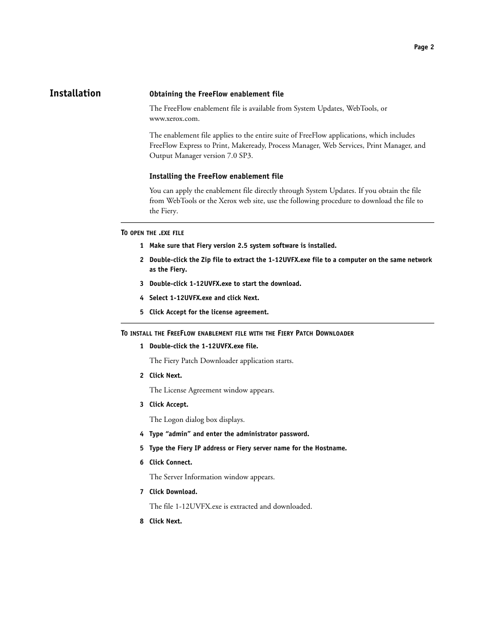 Installation, Obtaining the freeflow enablement file, Installing the freeflow enablement file | Xerox 4112-4127 ST con Xerox EX Print Server powered by Fiery-15679 User Manual | Page 2 / 72