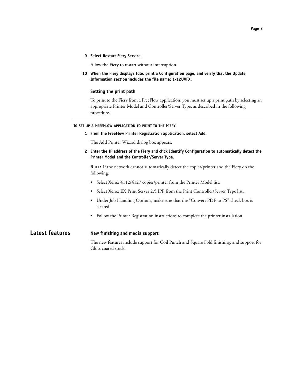 Setting the print path, Latest features, New finishing and media support | Xerox 4112-4127 ST con Xerox EX Print Server powered by Fiery-15679 User Manual | Page 3 / 72