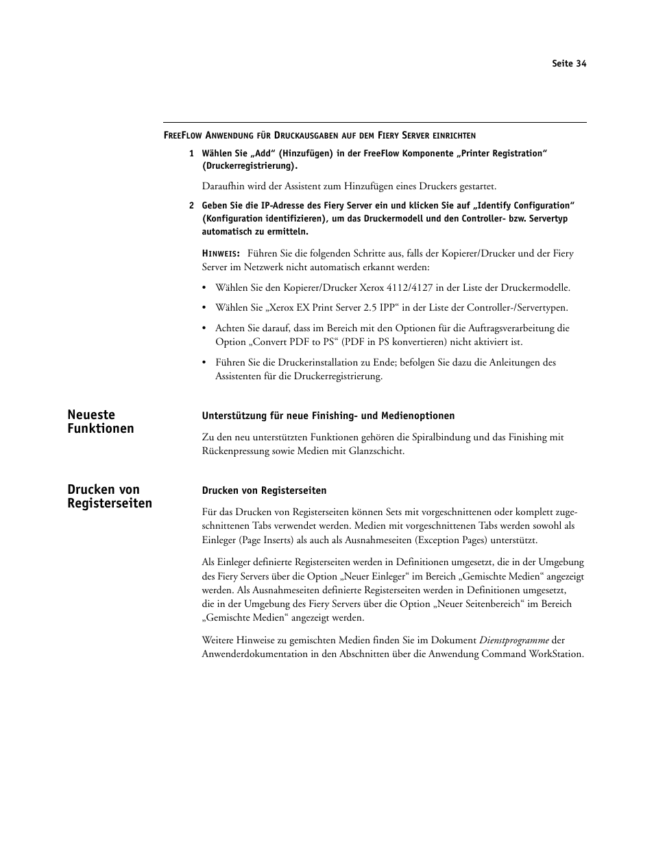 Neueste funktionen, Drucken von registerseiten | Xerox 4112-4127 ST con Xerox EX Print Server powered by Fiery-15679 User Manual | Page 34 / 72